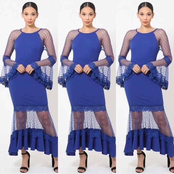 New Bell Sleeve Mesh Fit and Flare Royal Blue Women’s Formal Dress - Picture 2 of 10